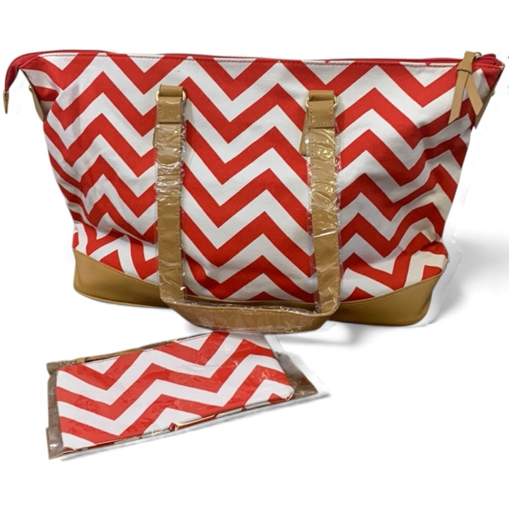 ❤️ Large Red & White Chevron Tote Bag + Matching Pouch ❤️